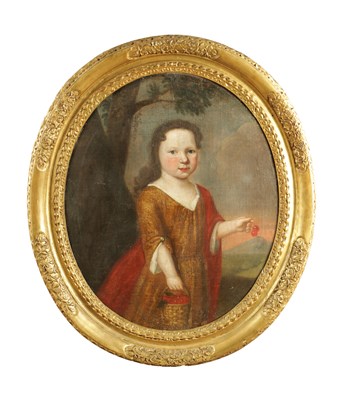 Lot 1223 - AN EARLY 18TH CENTURY ENGLISH SCHOOL HALF LENGTH PORTRAIT OF A YOUNG GIRL