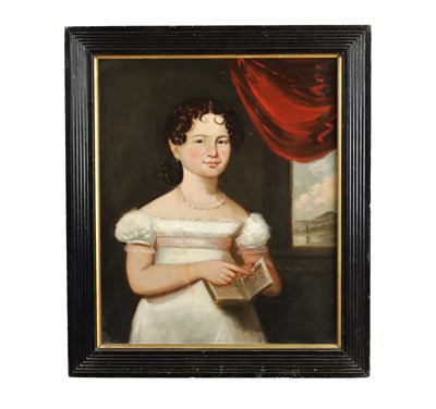 Lot 1140 - AN 18TH CENTURY ENGLISH NAIVE SCHOOL HALF LENGTH PORTRAIT OF A COUNTRY GIRL IN A WHITE DRESS