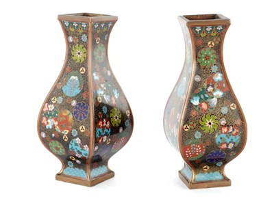 Lot 529 - A PAIR OF CHINESE CLOISONNE ENAMEL BULBOUS SQUARE VASES WITH FLARED NECKS