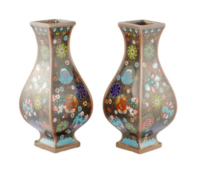 Lot 585 - A PAIR OF CHINESE CLOISONNE ENAMEL BULBOUS SQUARE VASES WITH FLARED NECKS
