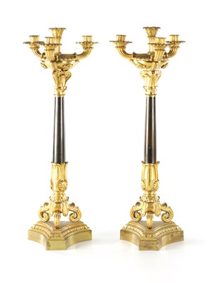 Lot 911 - A PAIR OF 19TH CENTURY REGENCY STYLE BRONZE AND GILT BRONZE THREE BRANCH CANDELARBRA