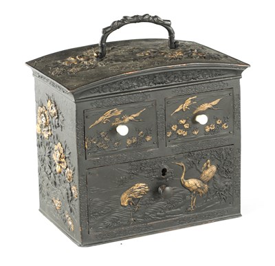 Lot 689 - A LATE 19TH CENTURY JAPANESE GILT HIGHLIGHTED BRONZED TABLE CABINET