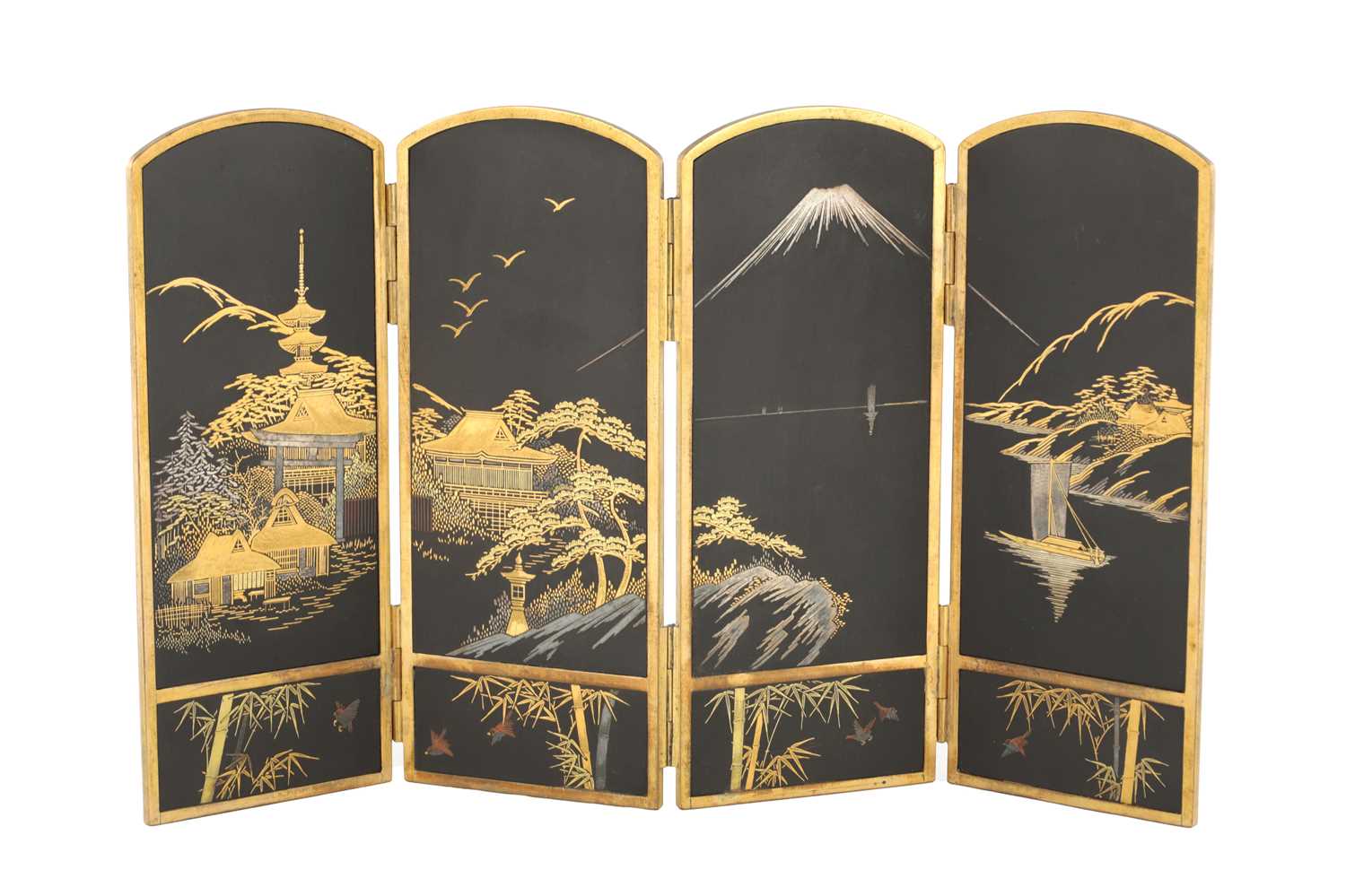 Lot 668 - A JAPANESE MEIJI PERIOD MINIATURE SHAKUDO AND MIXED METAL TABLE SCREEN