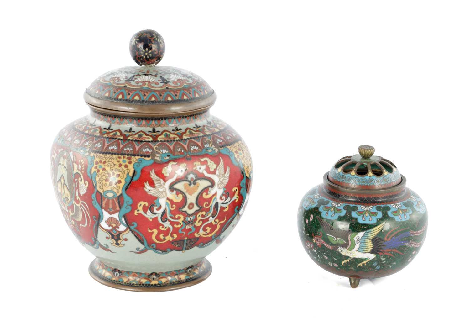 Lot 538 - TWO JAPANESE MEIJI PERIOD CLOISONNE ENAMEL COMPRISING OF A KORO AND A LIDDED VASE