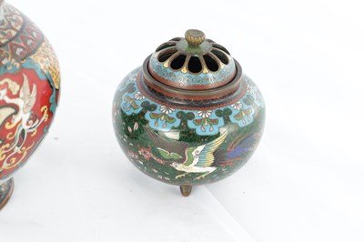 Lot 538 - TWO JAPANESE MEIJI PERIOD CLOISONNE ENAMEL COMPRISING OF A KORO AND A LIDDED VASE