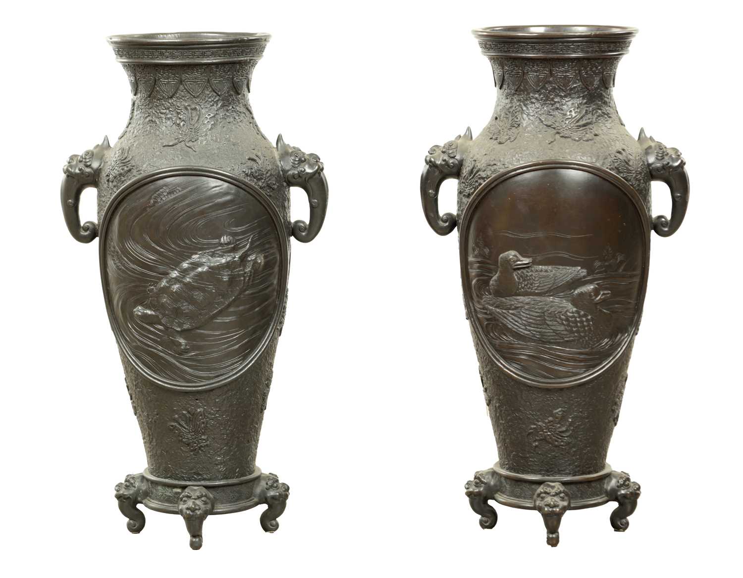 Lot 58 - A LARGE PAIR OF JAPANESE MEIJI PERIOD BRONZE VASES