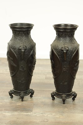 Lot 58 - A LARGE PAIR OF JAPANESE MEIJI PERIOD BRONZE VASES