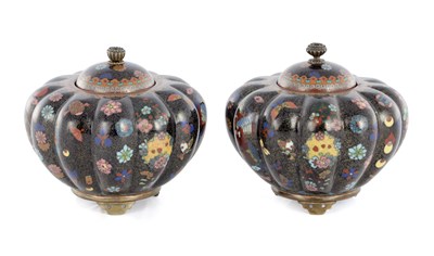 Lot 472 - A PAIR OF JAPANESE MEIJI PERIOD CLOISONNE VASES AND COVERS