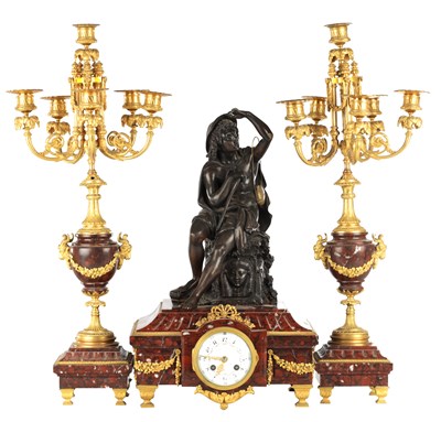 Lot 1325 - A LATE 19TH CENTURY FRENCH BRONZE ORMOLU AND ROUGE MARBLE MANTEL CLOCK