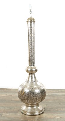 Lot 414 - A LARGE SILVERED METAL PIERCED EMBOSSED EASTERN STANDARD LAMP