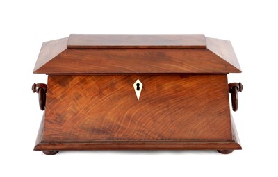 Lot 991 - A MID 19TH CENTURY FIGURED MAHOGANY SARCOPHAGUS SHAPED TEA CADDY