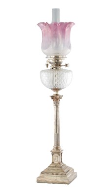Lot 217 - A LATE 19TH CENTURY SILVER PLATED CORINTHIAN COLUMN OIL LAMP