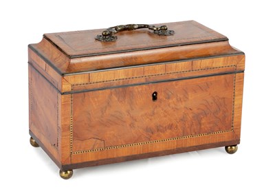 Lot 982 - A GEORGE III FIGURED MAHOGANY CROSS-BANDED AND STRUNG TEACADDY