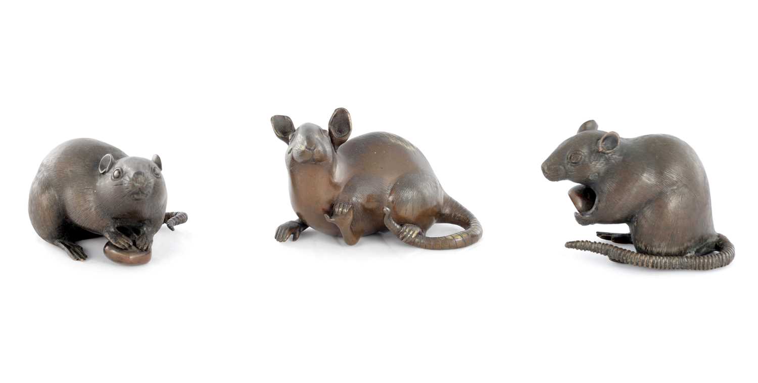 Lot 571 - THREE MINIATURE JAPANESE MEIJI PERIOD PATINATED BRONZE SCULPTURES