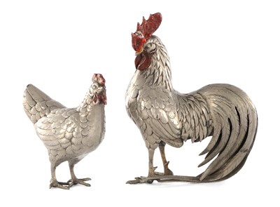 Lot 555 - TWO SILVER METAL SCULPTURES OF A HEN AND COCKEREL