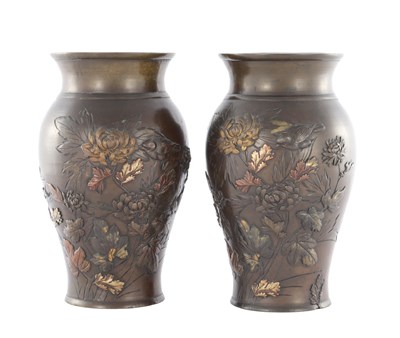 Lot 495 - A PAIR OF JAPANESE MEIJI PERIOD MIXED METAL BRONZE VASES