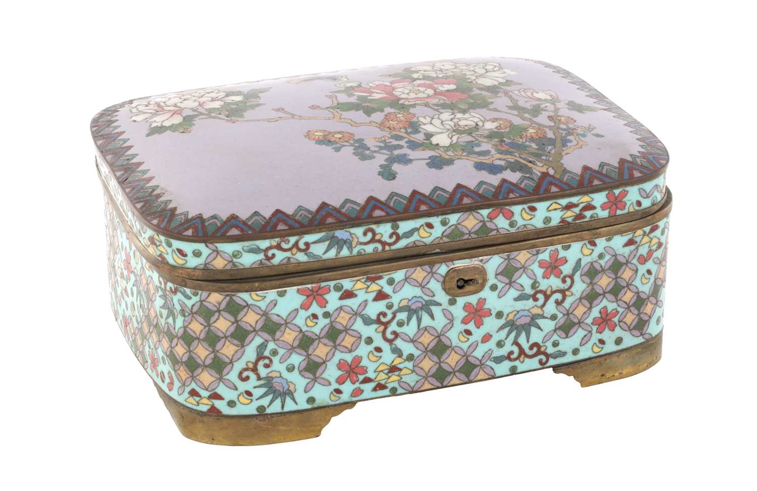 Lot 495 - A JAPANESE MEIJI PERIOD CLOISONNE RECTANGULAR CASKET