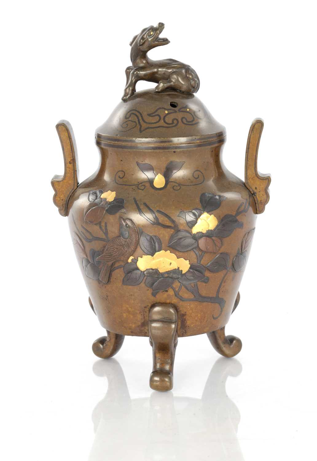 Lot 422 - A JAPANESE MEIJI PERIOD MIXED METAL BRONZE KORO AND COVER