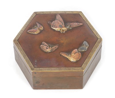 Lot 449 - A JAPANESE MEIJI PERIOD BRONZE AND MIXED METAL HEXAGONAL LIDDED BOX