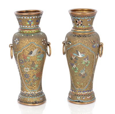 Lot 583 - A PAIR OF JAPANESE MEIJI PERIOD ENAMELLED BRONZED VASES