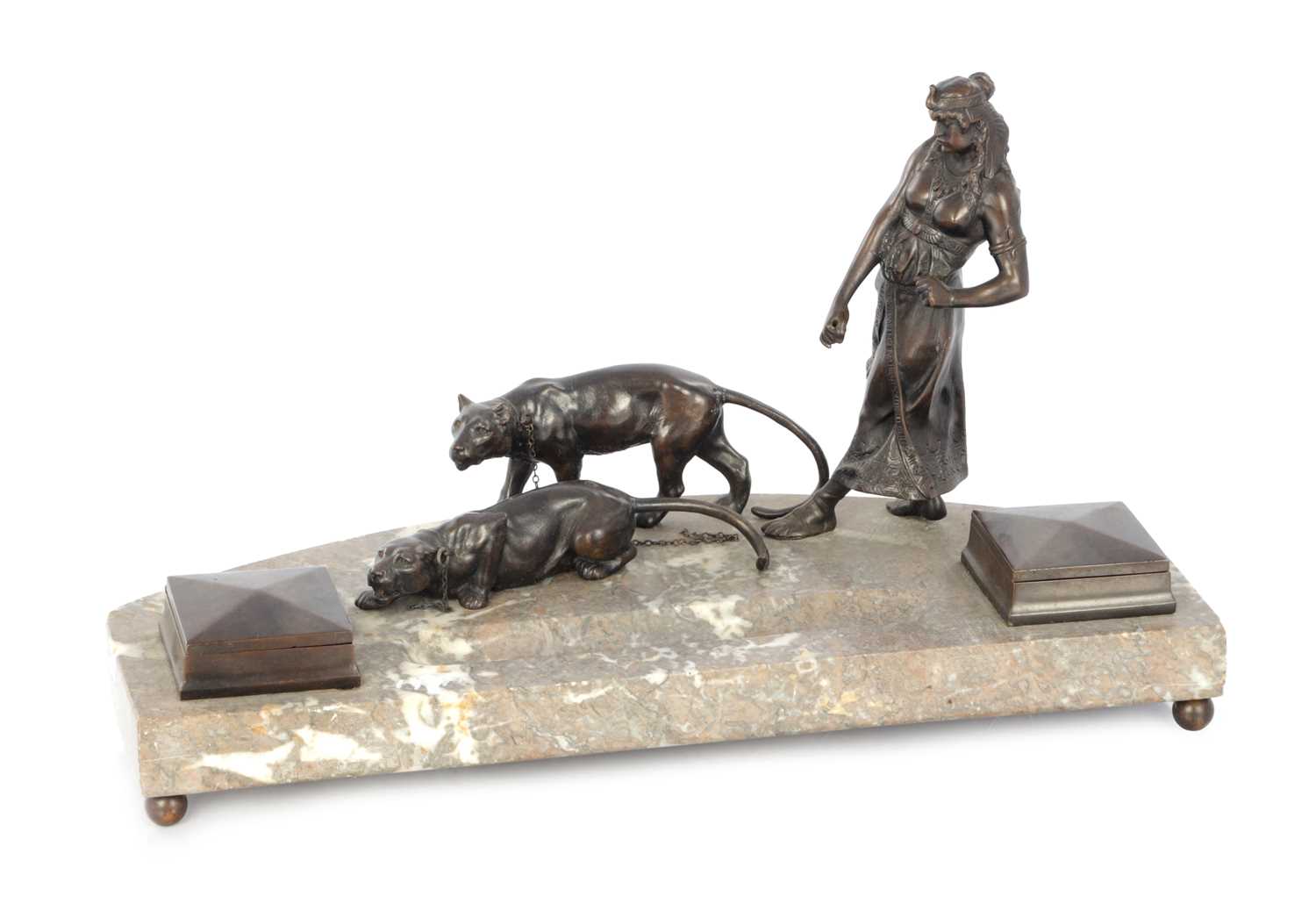 Lot 897 - A 19TH CENTURY FRENCH BRONZE AND MARBLE FIGURAL INK STAND