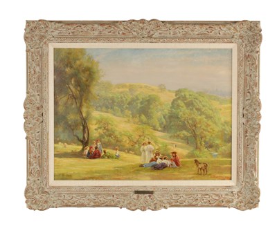 Lot 1202 - EDGAR BARCLAY (1868 - 1913). A LATE 19TH CENTURY OIL ON CANVAS VIEW OF HAMPSTEAD HEATH