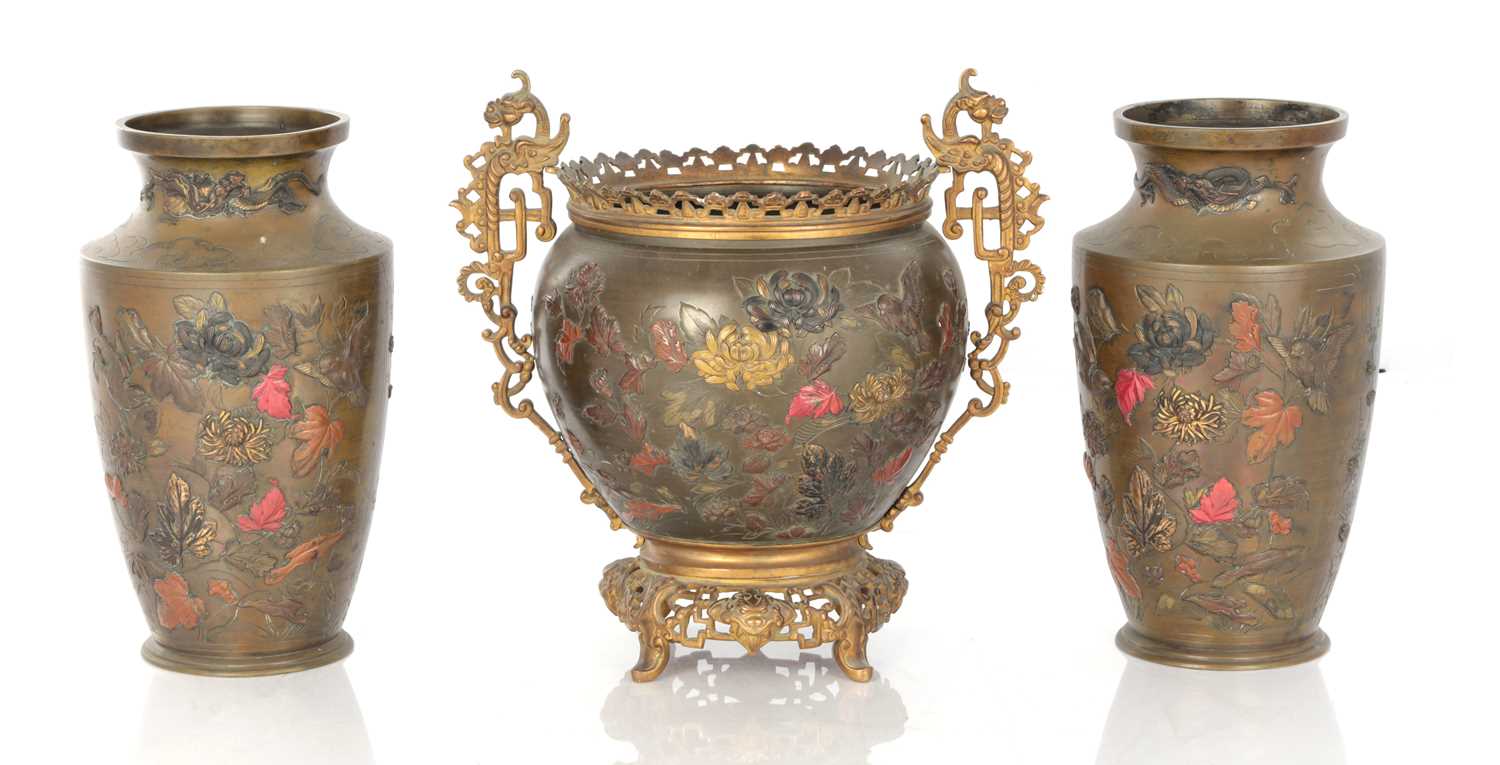 Lot 576 - A JAPANESE MEIJI PERIOD BRONZE AND MIXED METAL GARNITURE