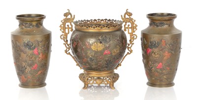 Lot 576 - A JAPANESE MEIJI PERIOD BRONZE AND MIXED METAL GARNITURE