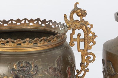 Lot 576 - A JAPANESE MEIJI PERIOD BRONZE AND MIXED METAL GARNITURE