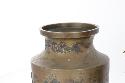 Lot 576 - A JAPANESE MEIJI PERIOD BRONZE AND MIXED METAL GARNITURE