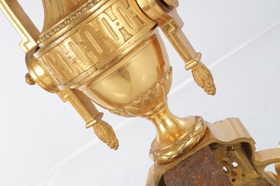 Lot 681 - A PAIR OF LATE 19TH CENTURY FRENCH ORMOLU AND CHAMPLEVE ENAMELLED FIRE DOGS