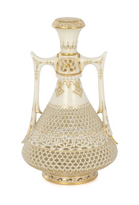 Lot 80 - GEORGE OWEN A FINE ROYAL WORCESTER JEWELLED GILT AND IVORY GROUND TWO-HANDLED FOOTED CABINET VASE
