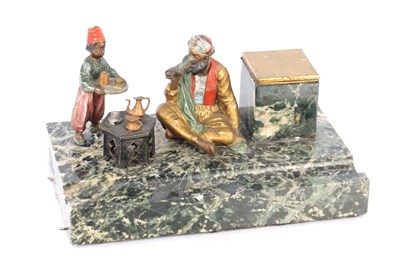 Lot 969 - ATTRIBUTED TO FRANZ BERGMANN, A 19TH CENTURY COLD PAINTED BRONZE AND MARBLE FIGURAL INKSTAND