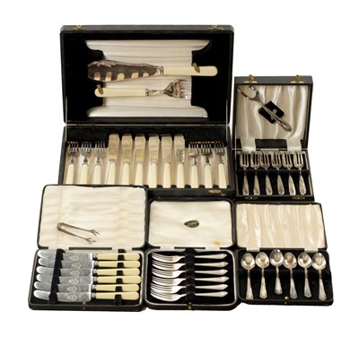 Lot 262 - A COLLECTION OF FIVE CASED SETS OF SILVER PLATED AND IVORINE HANDLED CUTLERY