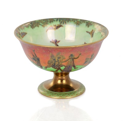 Lot 26 - A FINE DAISY MAKEIG-JONES WEDGWOOD FAIRYLAND LUSTRE FOOTED BOWL DECORATED IN THE "LEAPFROGGING ELVES" PATTERN