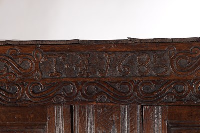 Lot 1578 - A 17TH CENTURY WESTMORLAND CARVED OAK DATED COURT CUPBOARD
