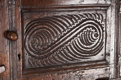 Lot 1578 - A 17TH CENTURY WESTMORLAND CARVED OAK DATED COURT CUPBOARD