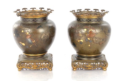 Lot 586 - A PAIR OF JAPANESE MEIJI PERIOD MIXED METAL JARDINIERES