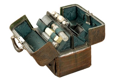 Lot 891 - A 19TH CENTURY GENTLEMAN'S CROCODILE SKIN TRAVELLING BAG