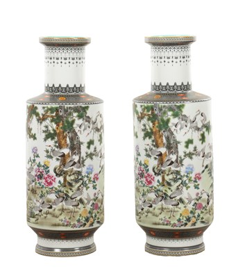 Lot 552 - A LARGE PAIR OF CHINESE REPUBLIC FAMILLE ROSE ROULEAU VASES