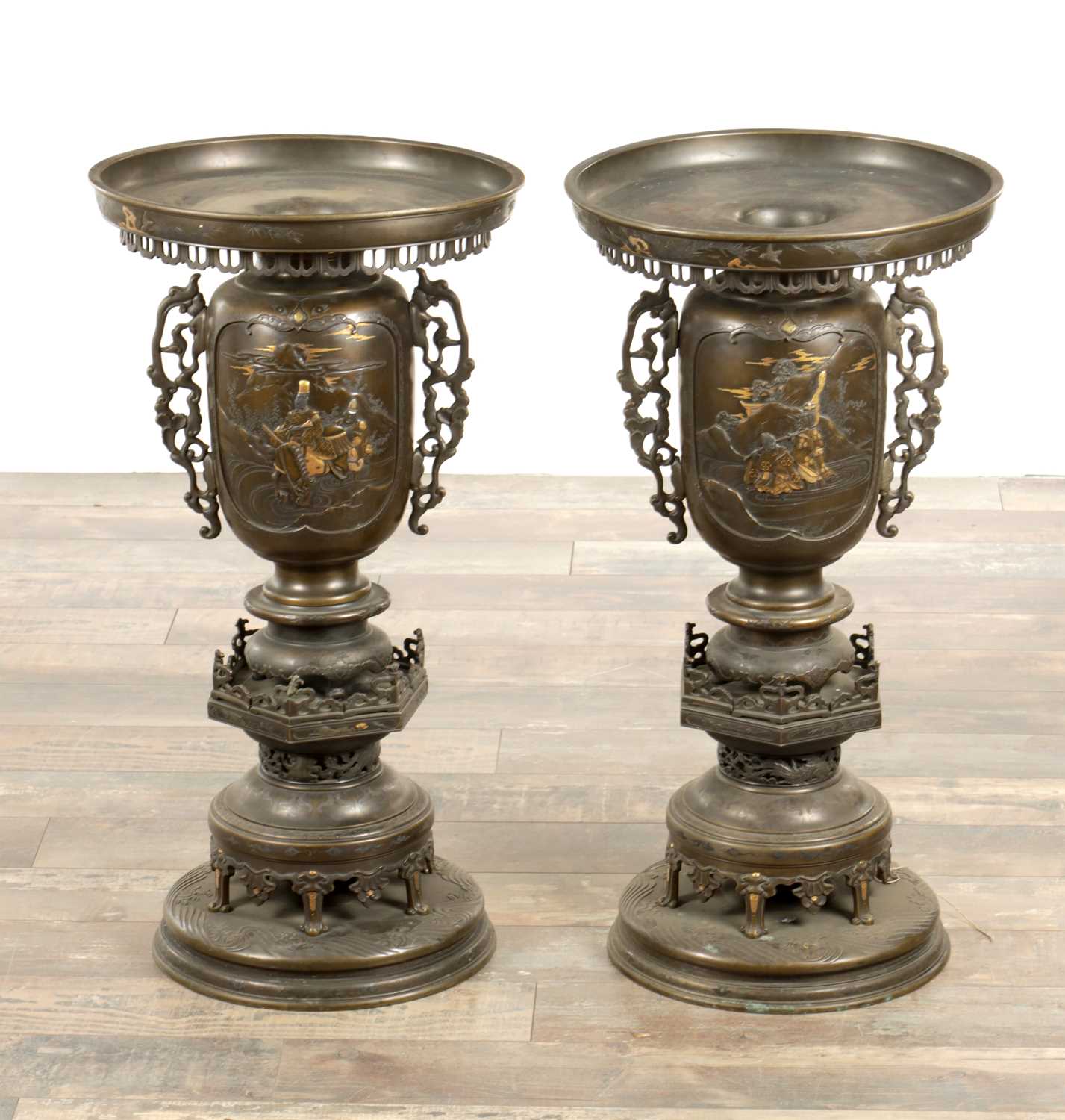 Lot 475 - A LARGE AND IMPRESSIVE PAIR OF JAPANESE MEIJI PERIOD BRONZE SECTIONAL VASES