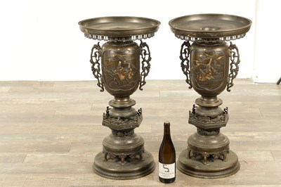 Lot 475 - A LARGE AND IMPRESSIVE PAIR OF JAPANESE MEIJI PERIOD BRONZE SECTIONAL VASES