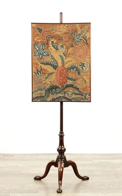Lot 1751 - A GEORGE II MAHOGANY POLE SCREEN WITH TAPESTRY PANEL