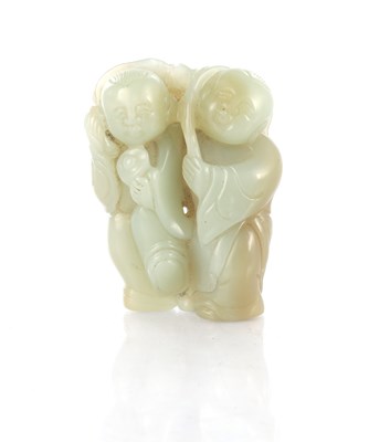 Lot 338 - AN EARLY CHINESE CARVED JADE SCULPTURE DEPICTING TWO BOYS