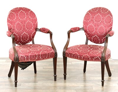 Lot 1610 - A PAIR OF HEPPLEWHITE GEORGE III MAHOGANY ARMCHAIRS