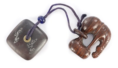 Lot 310 - A MIXED METAL AND BRONZE INRO AND CARVED HARDWOOD NETSUKE