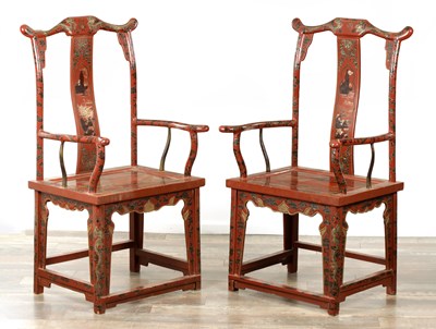Lot 164 - A PAIR OF CHINESE CHINOISERIE SCARLET LACQUER SIDE CHAIRS