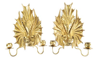 Lot 1021 - A STYLISH PAIR OF LATE 19TH CENTURY BRASS WALL SCONCES, POSSIBLY LIBERTY