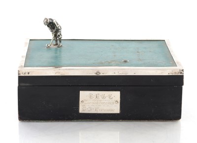 Lot 183 - A 1930’S SILVER AND EBONY VENEERED GOLFER CIGARETTE BOX
