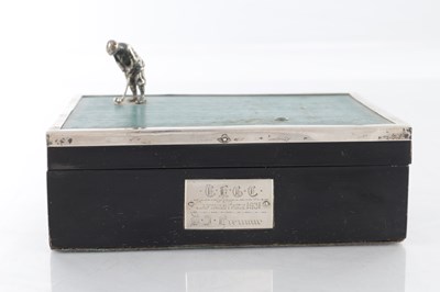 Lot 183 - A 1930’S SILVER AND EBONY VENEERED GOLFER CIGARETTE BOX